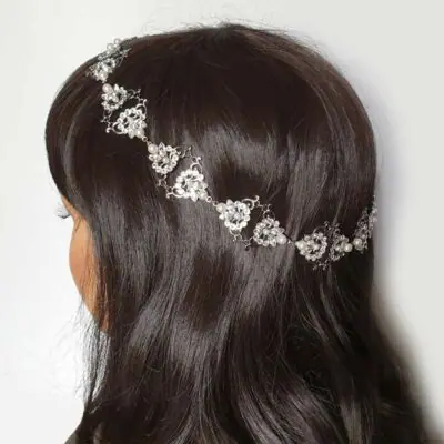 Silver bespoke bridal pearl and crystal halo hair piece