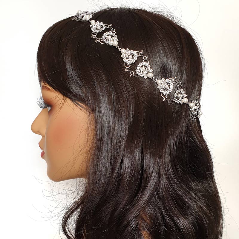 Silver bespoke pearl and crystal halo bridal hair piece