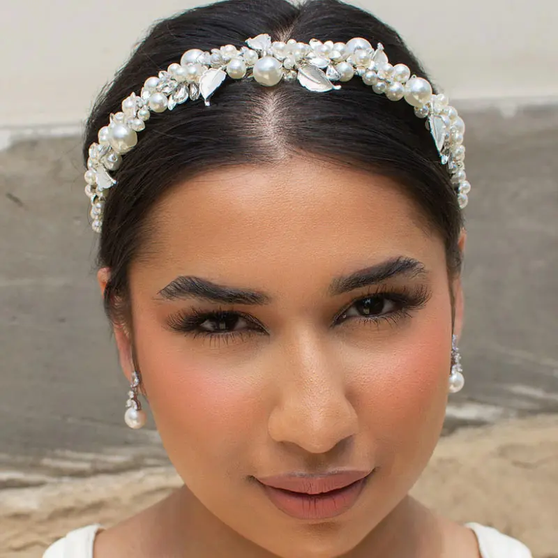 Silver pearl and leaf bridal headband