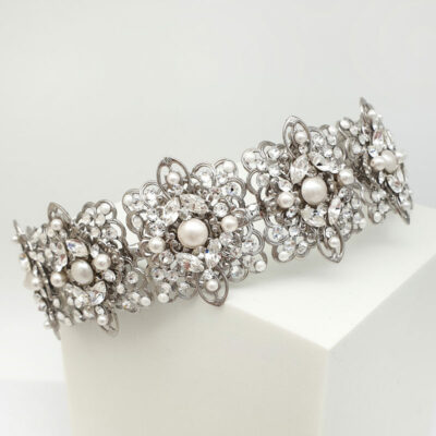 Silver pearl and crystal wedding headband