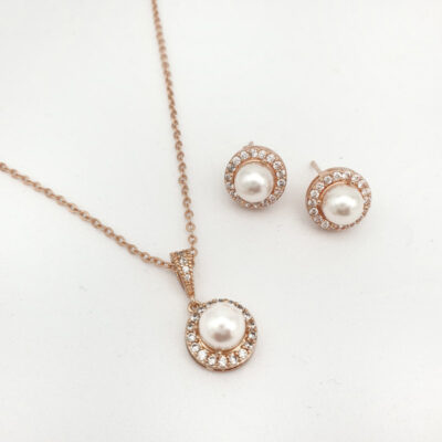 Rose gold pearl pendant necklace set