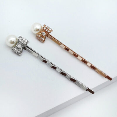 Rose gold and silver pearl bow hair pins