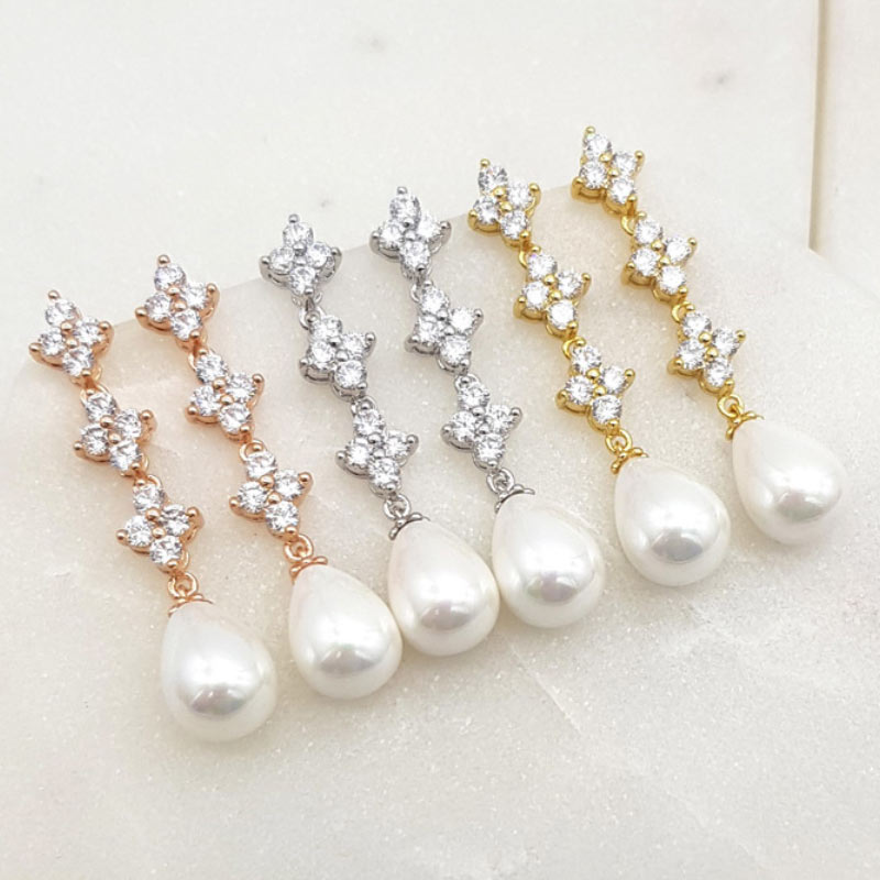 Silver, gold and rose gold pearl drop earrings