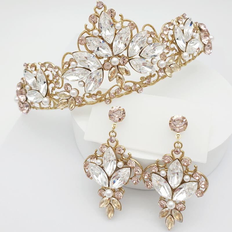 Bespoke gold crystal bridal crown and earrings - vivian